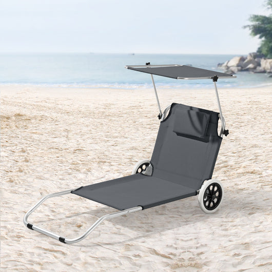 Lettino Prendisole Portatile con Rete Portaoggetti, Sdraio Pieghevole con Schienale Reclinabile, Tettuccio Parasole e 2