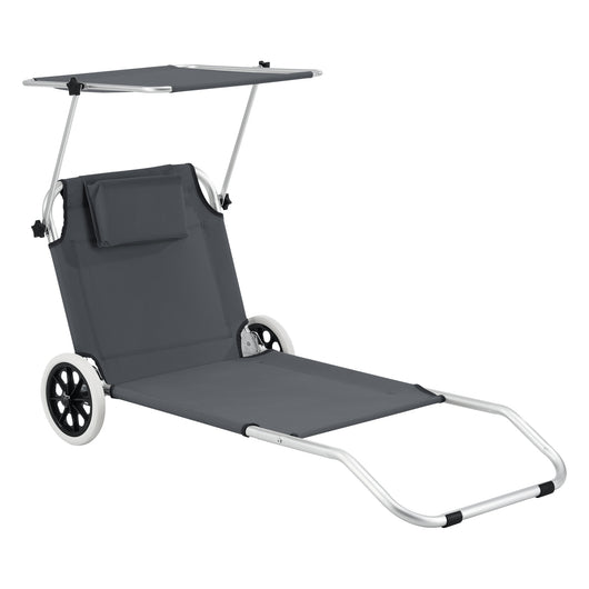 Lettino Prendisole Portatile con Rete Portaoggetti, Sdraio Pieghevole con Schienale Reclinabile, Tettuccio Parasole e 2