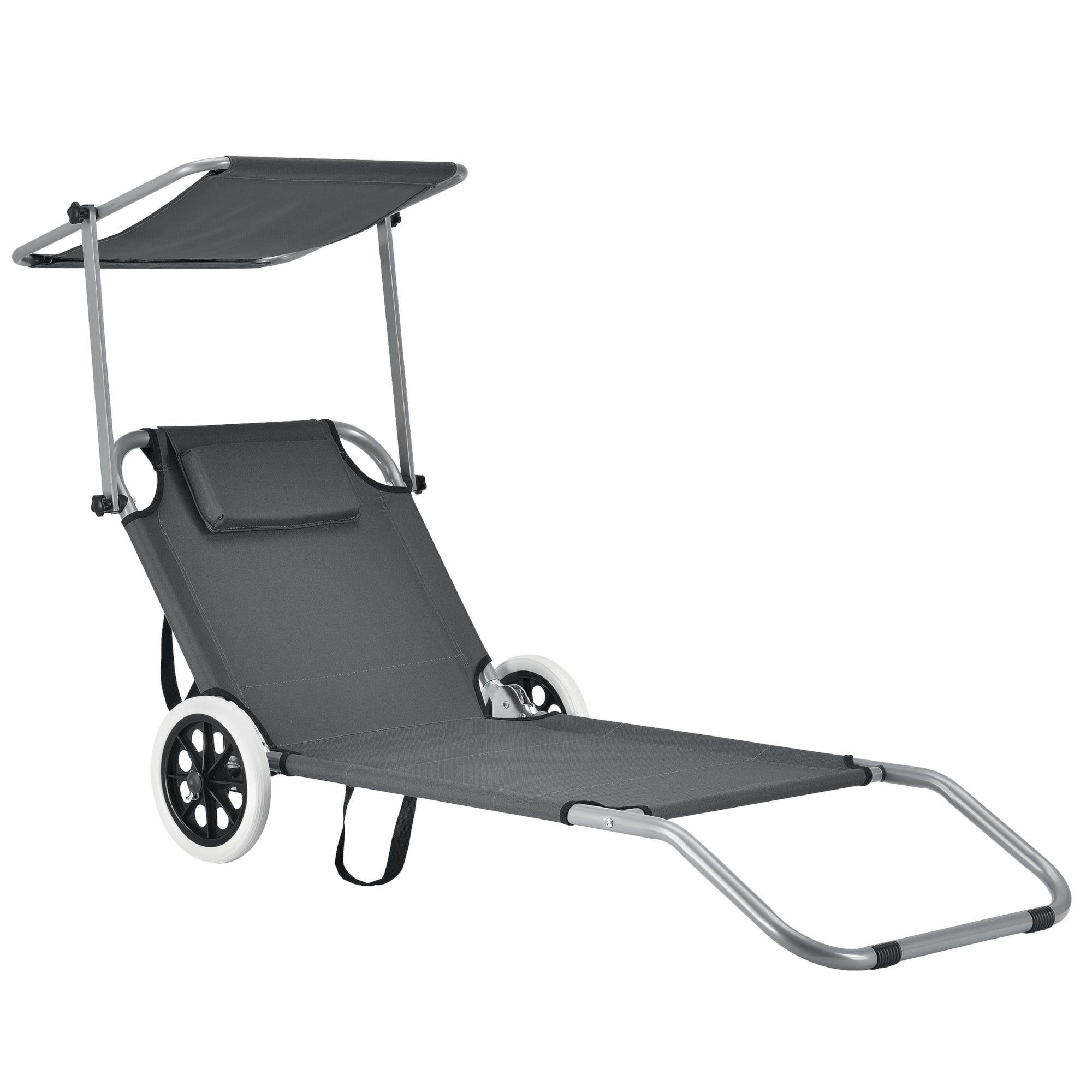 Sedia a sdraio con parasole e ruote per lettino poliestere e acciaio verniciato a polvere 146 x 52 x 15 cm grigio 03_0006277