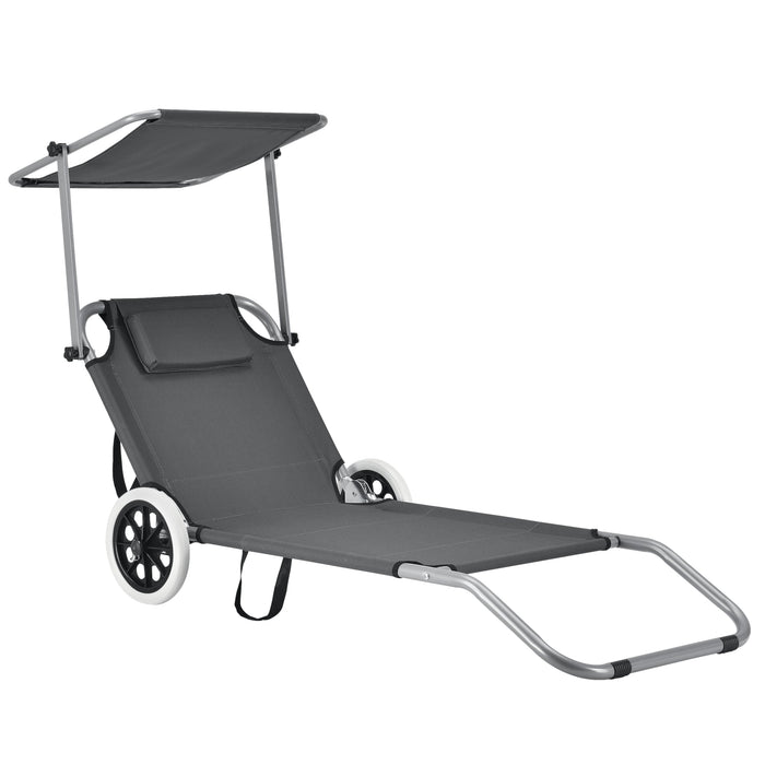 Sedia a sdraio con parasole e ruote per lettino poliestere e acciaio verniciato a polvere 146 x 52 x 15 cm grigio 03_0006277