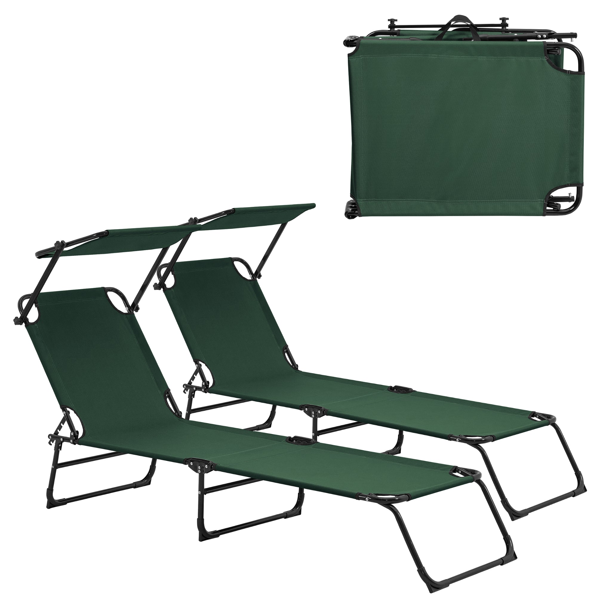 Set di 2 Lettini Prendisole Lomeda con Tettuccio Parasole e Schienale Reclinabile - Verde Scuro casa.pro