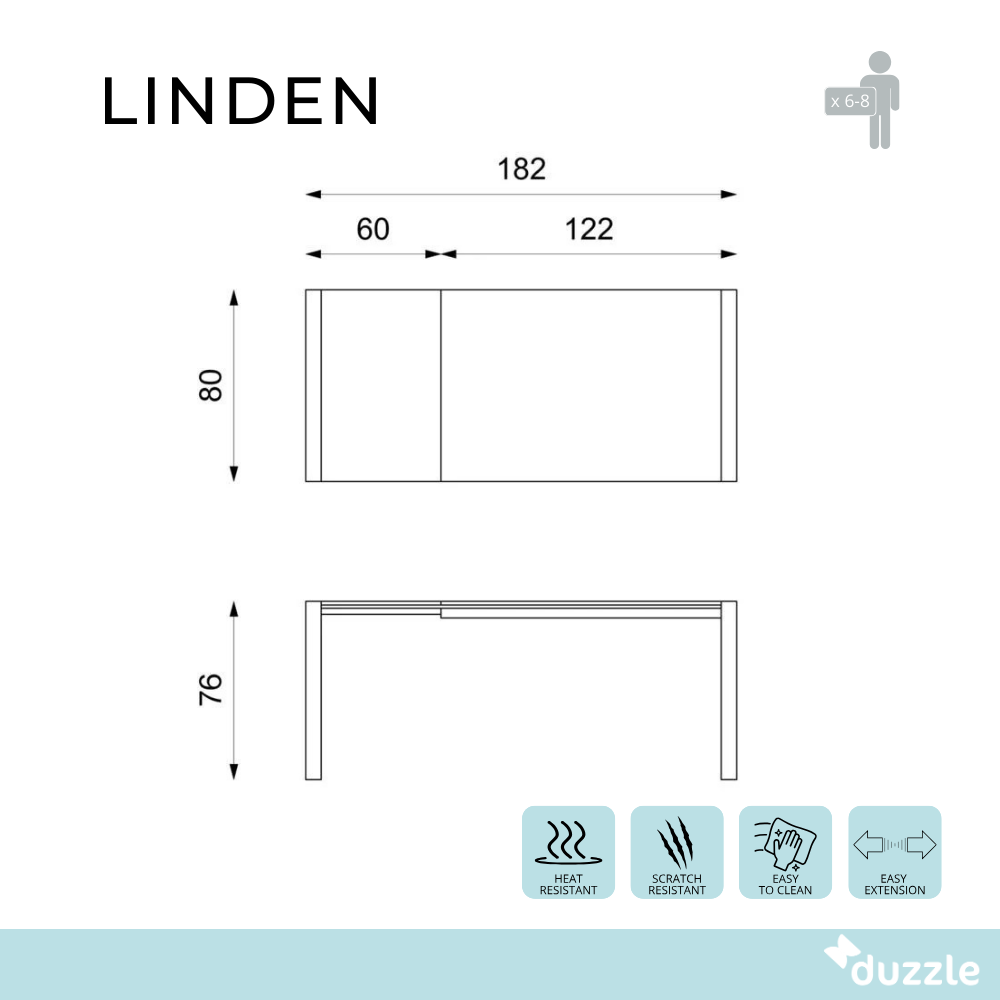 Tavolo da pranzo allungabile in vetro temperato grigio Linden 122-182x80 cm fino a 12 posti | Duzzle