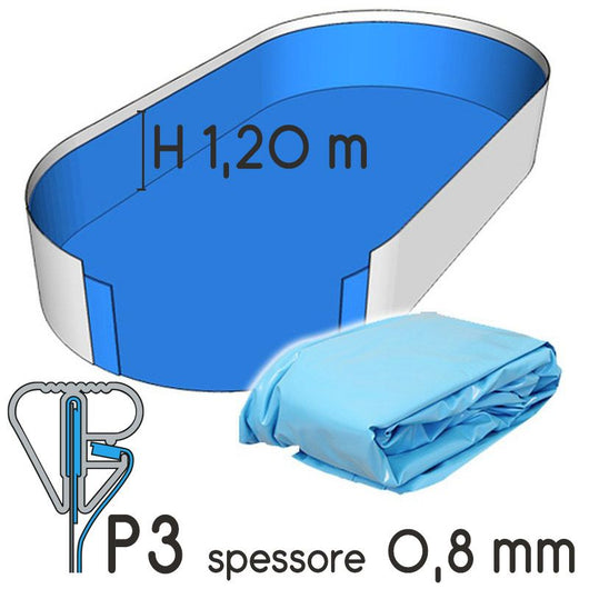 Liner Per Piscina A Forma Ovale 7,37 X 3,60 H.1,20 M Azzurro- Attacco P3 - Spessore 0,80 Mm