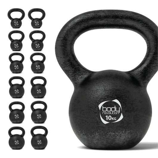 Kettlebell 10kg in ghisa con manico comodo e base stabile.