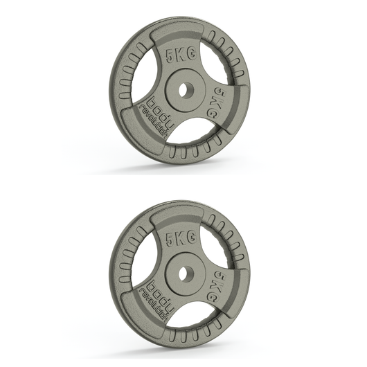 2 dischi da 5kg tri-grip cromati. Per bilancieri da 25mm.
