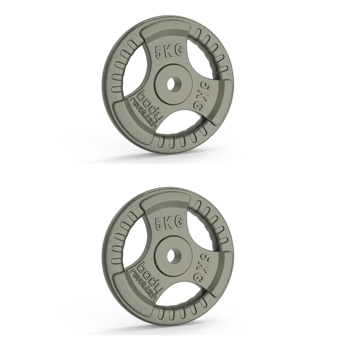 2 dischi da 5kg tri-grip cromati. Per bilancieri da 25mm.