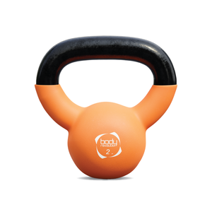 Kettlebell 2kg arancione con base piatta e manico ergonomico.