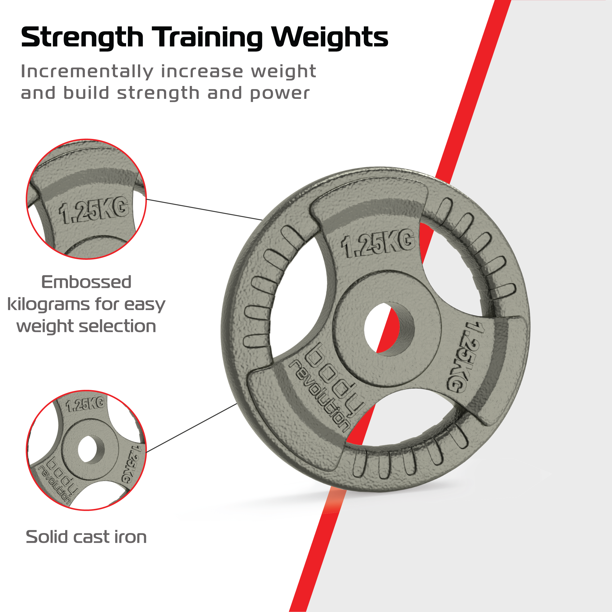 Piastre da 1,25 kg in ghisa cromata, tri-grip, foro 1”