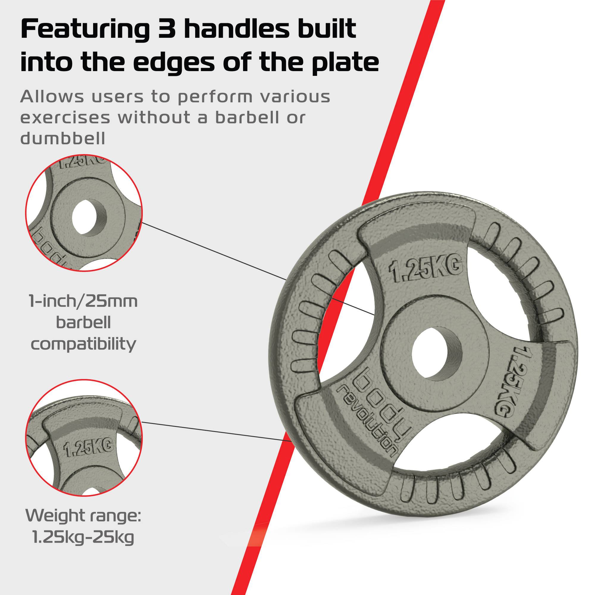 Piastre da 1,25 kg in ghisa cromata, tri-grip, foro 1”