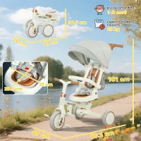 Triciclo per Bambini 5 in 1 con Maniglione di Spinta e Copertura Rimovibile, 96.5x49x101 cm, Bianco Crema