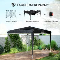 Gazebo 3x3 m per 6-9 Persone ad Altezza Regolabile con Fori di Drenaggio, in Metallo e Tessuto Oxford Nero