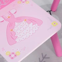 Set Tavolo e 2 Sedie a Tema Principesse per Cameretta Bambini in Legno Rosa con Schienale a Forma di Corona
