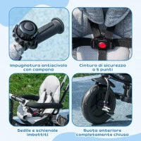 Triciclo per Bambini con Maniglione 6 in 1, Tettuccio Regolabile e Cintura di Sicurezza, Età 1-5 Anni, Grigio