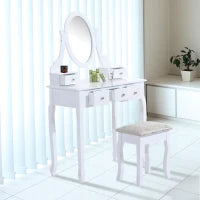 Toeletta Tavolo da Trucco con Specchiera e Sgabello Imbottito, Legno, Bianco