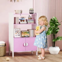 Libreria per bambini, 2 Ripiani, 2 Armadietti, autoportante, Design anti-ribaltamento, Piedini antiscivolo, MDF, Rosa+bianco