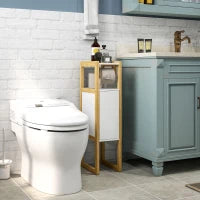 Mobile Bagno Salvaspazio con Porta Carta Igienica, Armadietto e Ripiano in Bambù, 20x33x80cm, Bianco