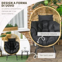 Poltrona da Giardino a Uovo con Poggiatesta e Cuscini per Seduta, in Rattan e Acciaio, 89x75x143 cm