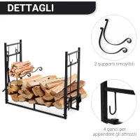 Portalegna da Interno ed Esterno in Metallo con Paletta, Scopa, Attizzatoio e Pinza, Nero, 84x33x76cm