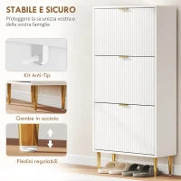 Scarpiera Slim per 18 Paia di Scarpe con 3 Cassetti a Ribalta e Ripiani Regolabili, 60x24x128 cm, Bianco