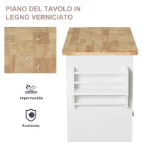 Carrello da Cucina con 2 Cassetti e 2 Armadietti, Isola da Cucina con Piano in Legno, Portaspezie e Porta Canovacci, Bianco