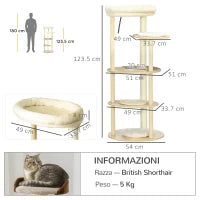 Tiragraffi per Gatti in Truciolato e Legno di Pino con Lettino e Piattaforme, Ø54x123.5 cm