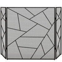 Parascintille per Camino Pieghevole a 3 Pannelli in Acciaio con Design Geometrico, 135x1.2x85cm, Nero