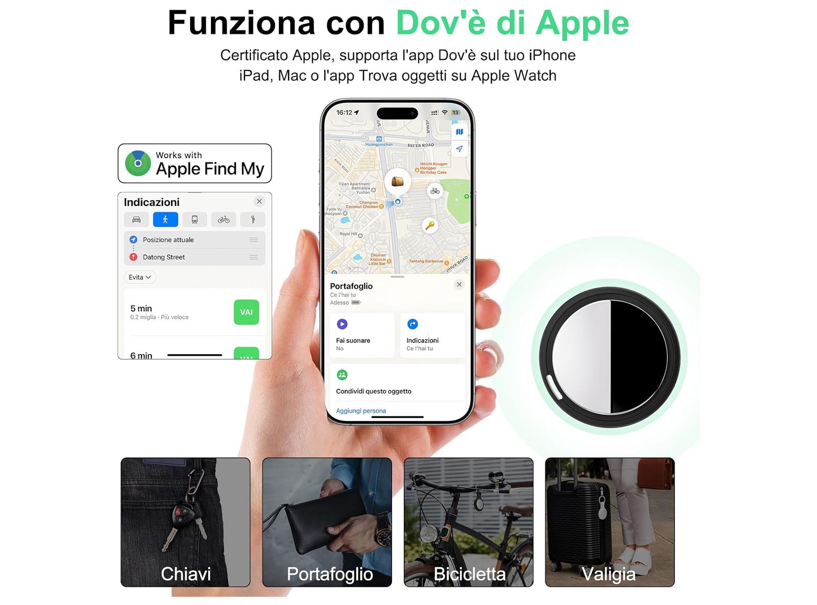 Localizzatore Smart Air Tracker Tag Compatibile Apple solo iOS Batteria di Ricambio Inclusa Adatto per Chiavi Portafoglio Auto Bici Cane Gatto Nero Confezione da 4