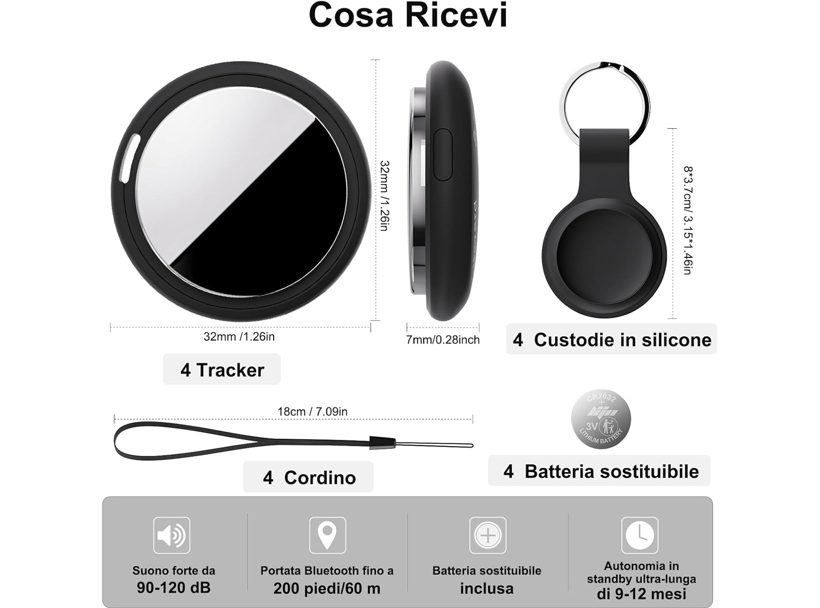 Localizzatore Smart Air Tracker Tag Compatibile Apple solo iOS Batteria di Ricambio Inclusa Adatto per Chiavi Portafoglio Auto Bici Cane Gatto Nero Confezione da 4
