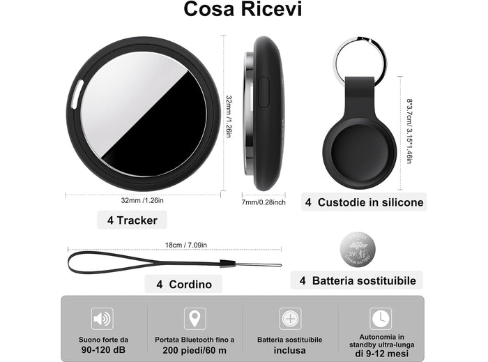 Localizzatore Smart Air Tracker Tag Compatibile Apple solo iOS Batteria di Ricambio Inclusa Adatto per Chiavi Portafoglio Auto Bici Cane Gatto Nero Confezione da 4