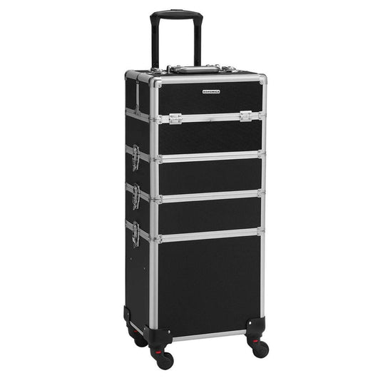 Valigia per trucco professionale 4 in 1 Valigia per trucco per parrucchieri Truccatori Custodia per trucco con serratura con ruote universali Nero 12_0002188