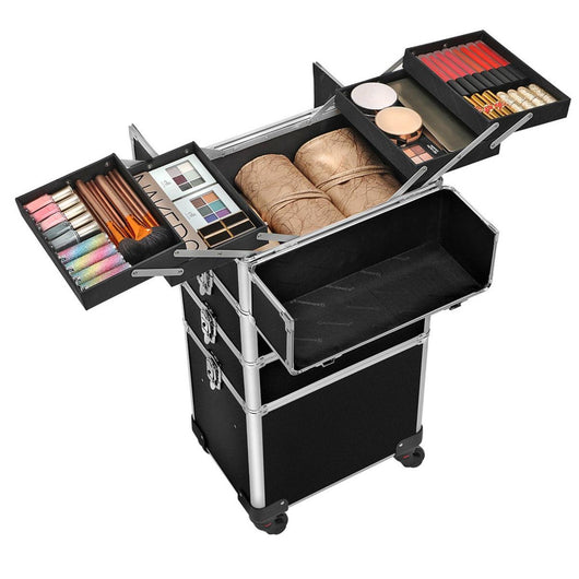 Valigia per trucco professionale 4 in 1 Valigia per trucco per parrucchieri Truccatori Custodia per trucco con serratura con ruote universali Nero 12_0002188