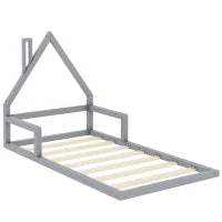 Letto Montessori a Forma di Casetta con Doghe in Legno, Letto per Cameretta per Bambini 4+ Anni, Senza Materasso, 90x200 cm, Grigio