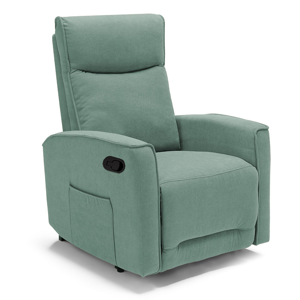 Poltrona relax manuale Londra, reclinabile manualmente, 3 diverse posizioni, design moderno, seduta ergonomica, tessuto idrorepellente, colore Salvia