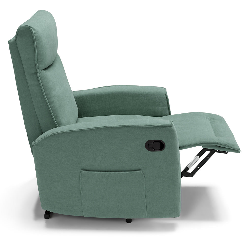 Poltrona relax manuale Londra, reclinabile manualmente, 3 diverse posizioni, design moderno, seduta ergonomica, tessuto idrorepellente, colore Salvia