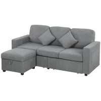 Divano 3 Posti Modulare con Pouf Contenitore in Velluto a Coste, 196x139x85 cm, Grigio Chiaro