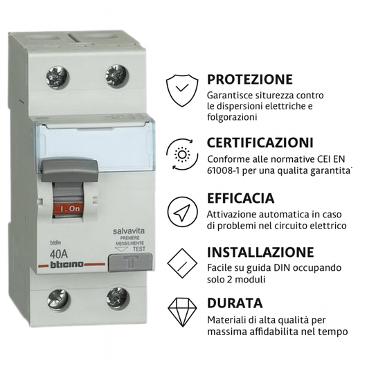 Interruttore differenziale salvavita bticino g723ac40 2p 40a 30ma tipo ac