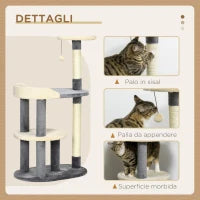 Albero Tiragraffi per Gatti a 3 Livelli con Pali in Sisal e Altezza 105cm, Grigio