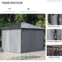 Gazebo da Giardino 3.6x3m con Tetto in Policarbonato Anti UV e Tende, Grigio