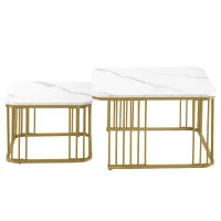 Set di 2 tavolini quadrati in marmo lucido, tavolini impilabili con gambe dorate, 70×70×45 cm e 50×50×36,5 cm, Bianco