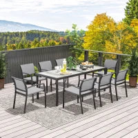 Set da Giardino con Tavolo da Pranzo Rettangolare e 8 Sedie Impilabili con Braccioli, Grigio
