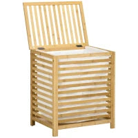 Cesto Portabiancheria a Doghe in Bambù e Poliestere con Coperchio e Sacca Rimovibile, 50x36x60 cm