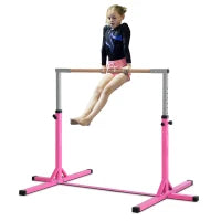 Barra da Ginnastica Artistica per Bambini 3+ Anni con Altezza Regolabile 92-150 cm, in Acciaio e Legno Massello di Faggio, Sbarra Orizzontali Danza Attrezzatura Palestra Antiscivolo, Rosa