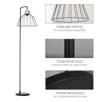 Lampada da Terra di Design Stile Industriale in Metallo e Rattan, Illuminazione Casa e Ufficio, 44x34x154cm, Nero