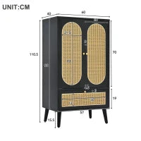 Credenza Moderna e Compatte in Rattan, con 2 Ante e 1 Cassetto, per Soggiorno e Sala da Pranzo, 60×40×110.5 cm, Nero