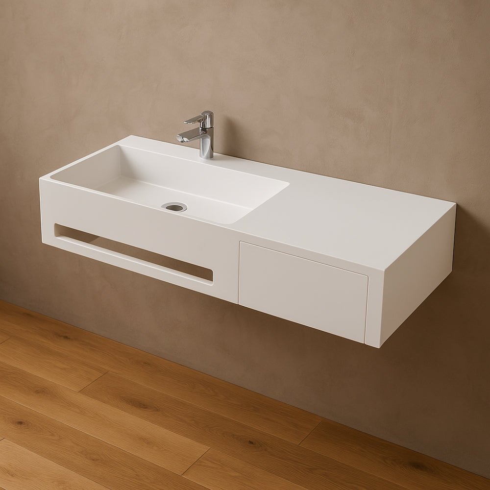 Lavabo in artificial stone bianco opaco matt modello alex sospeso con porta salviette *** confezione 1