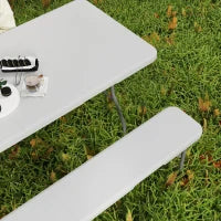 Set da Pic Nic Pieghevole a 3 Pezzi con Tavolo e 2 Panche in HDPE e Metallo, Bianco e Grigio Chiaro