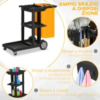 Carrello Pulizie a 3 Ripiani con Ganci e Sacco da 100L, 121x50.5x96.5 cm, Nero Giallo e Grigio