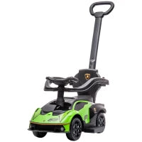 Lamborghini Macchinina per Bambini 2 in 1 con Maniglione e Barriera di Sicurezza, Volante e Clacson, Auto per Bambini in PP e Metallo, 86.5x40x89.5 cm, Verde e Nero