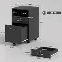 Cassettiera da Ufficio Portadocumenti in Legno con 2 Cassetti e Ripiano Aperto, 39x40x65 cm, Nero