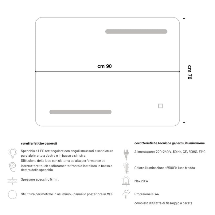 Specchio 5 mm rettangolare decorazione led interruttore touch alluminio *** misure 90x70 cm, tonalità dimmerabile 27...